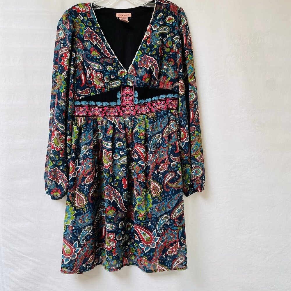 Flying Tomato Mini Dress Womens‎ L Floral Paisley Long Sleeve Embroidered Flowy